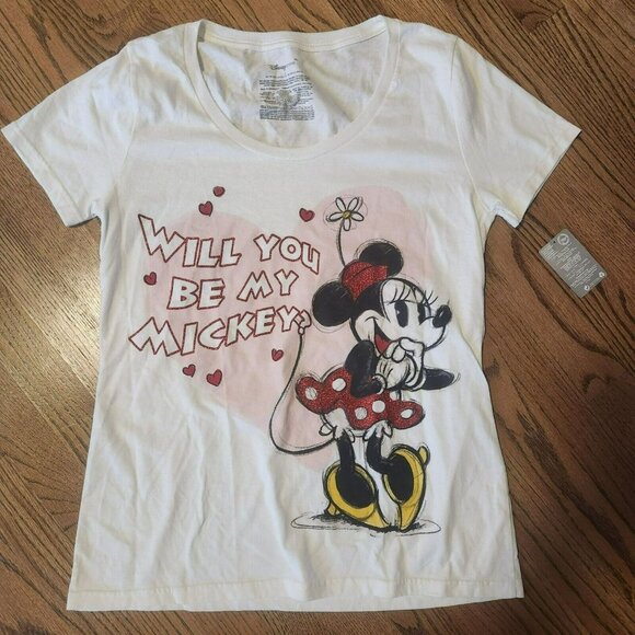 Disney Minnie Mouse Heart "Will You Be My Mickey?" Graphic Womens T-Shirt Size L - Picture 2 of 12